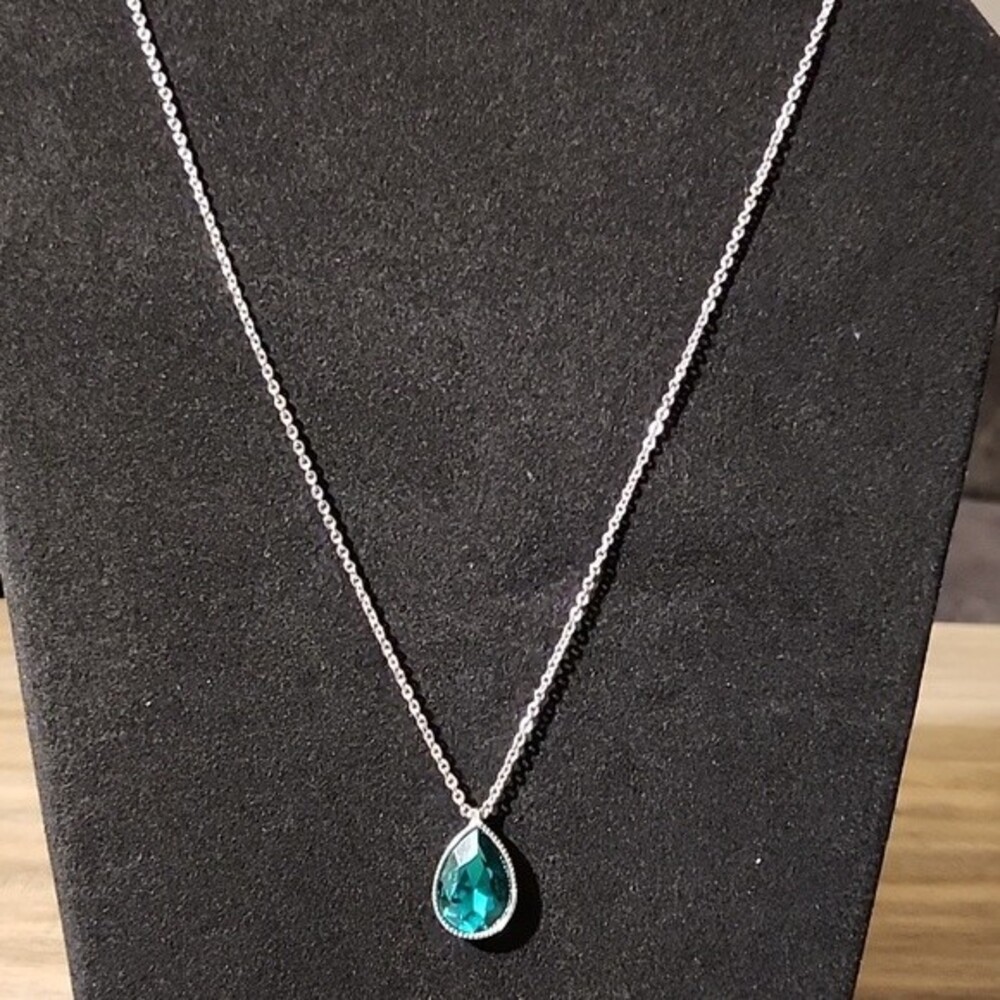 Charming Charlie Silvertone Chain with Emerald Teardrop Pendant 20" Necklace